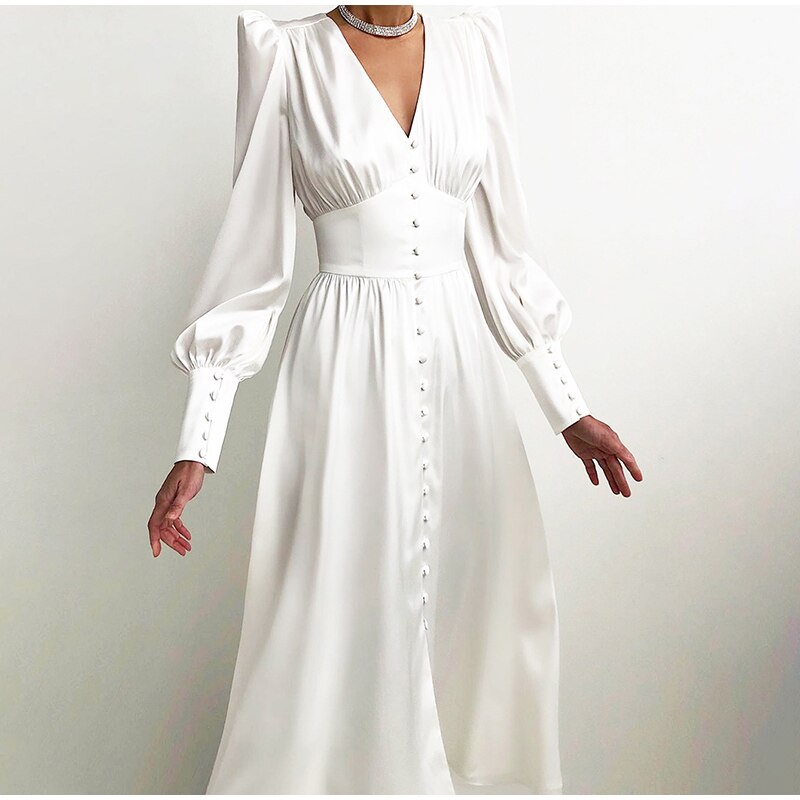European Style Dresses Satin Long Dress Lantern Sleeve JKP4682