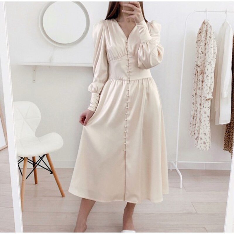 European Style Dresses Satin Long Dress Lantern Sleeve JKP4682