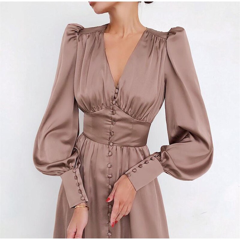 European Style Dresses Satin Long Dress Lantern Sleeve JKP4682