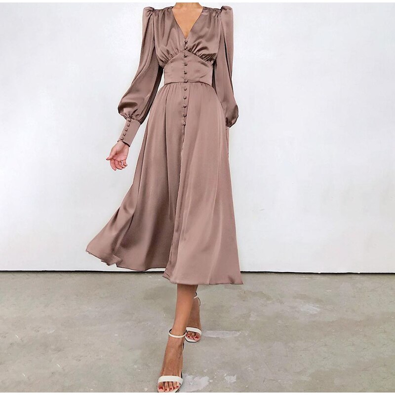 European Style Dresses Satin Long Dress Lantern Sleeve JKP4682