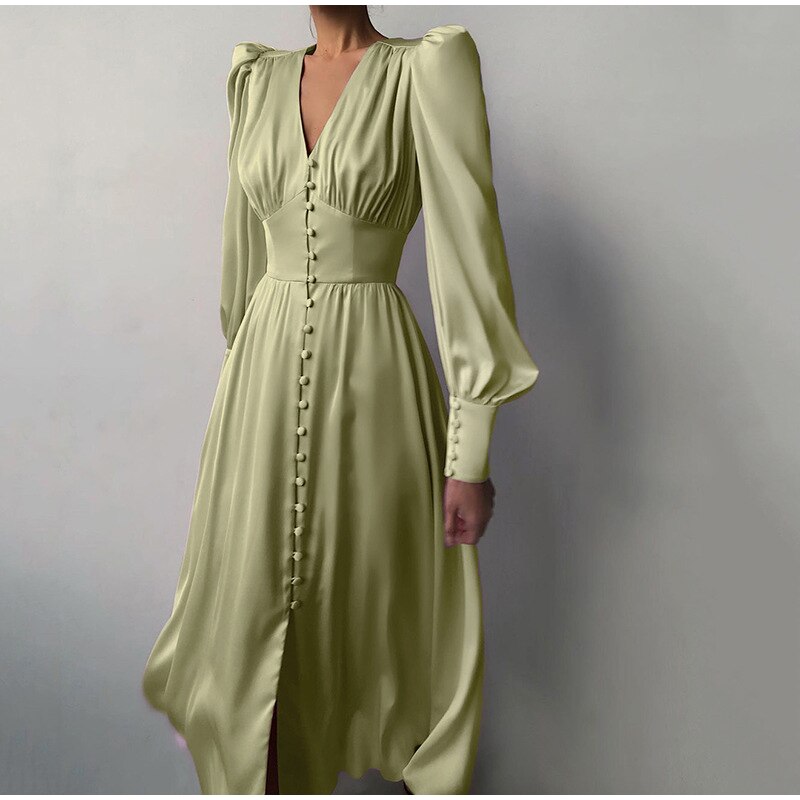Satin Prom Women's Long Dress For Party Lantern Sleeve A-Line High Waist Slim Elegant Dresses 2021 Clothes New Year Ball Evening