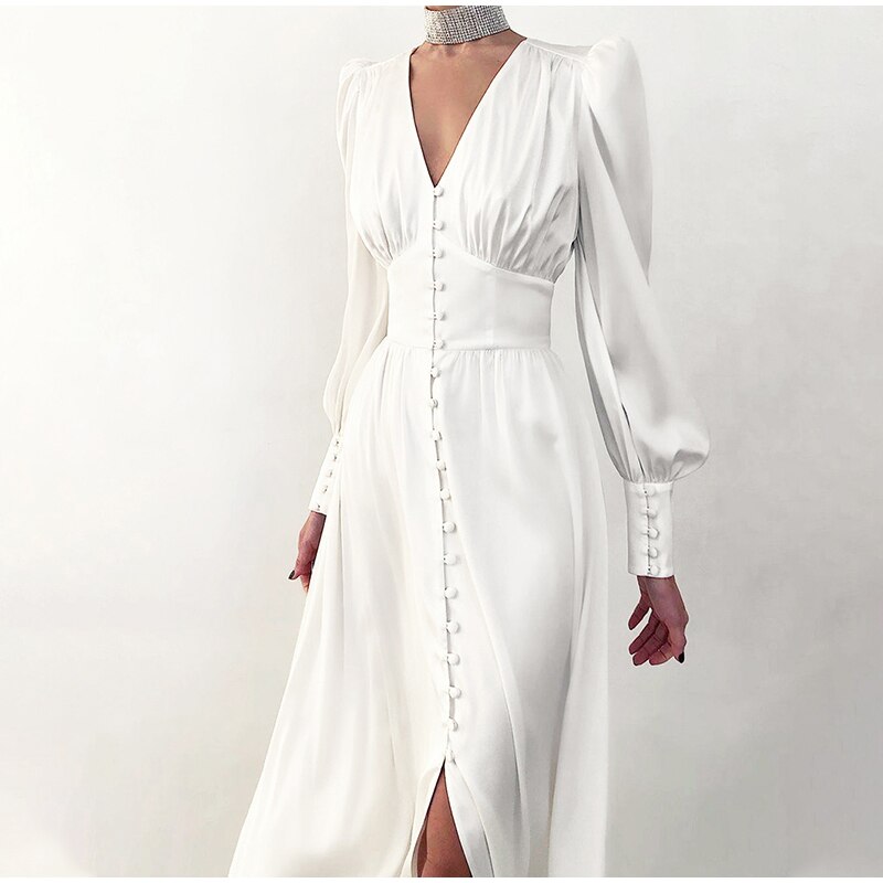 European Style Dresses Satin Long Dress Lantern Sleeve JKP4682