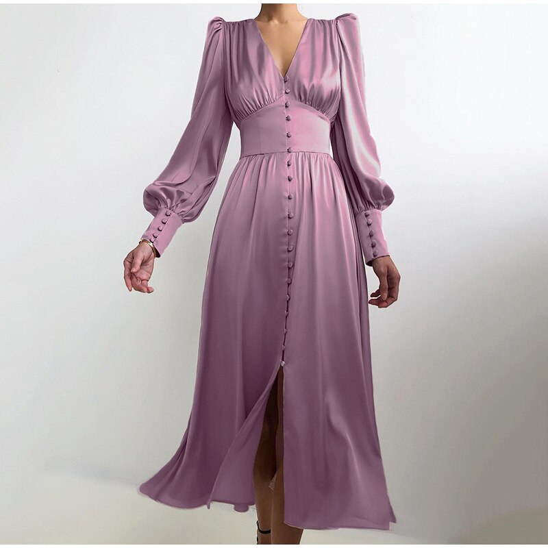 Satin Prom Women's Long Dress For Party Lantern Sleeve A-Line High Waist Slim Elegant Dresses 2021 Clothes New Year Ball Evening