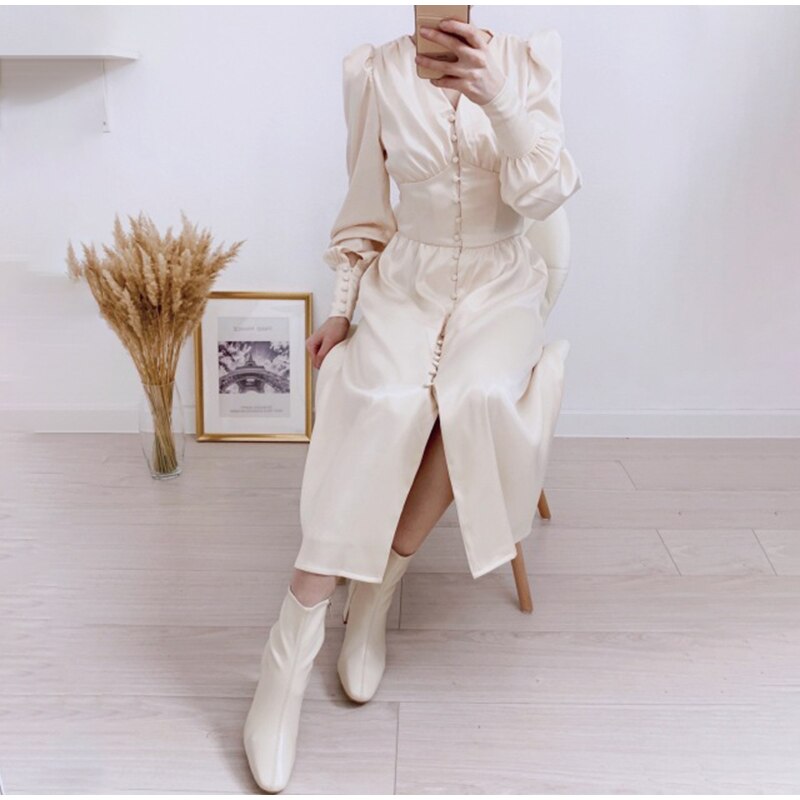 European Style Dresses Satin Long Dress Lantern Sleeve JKP4682