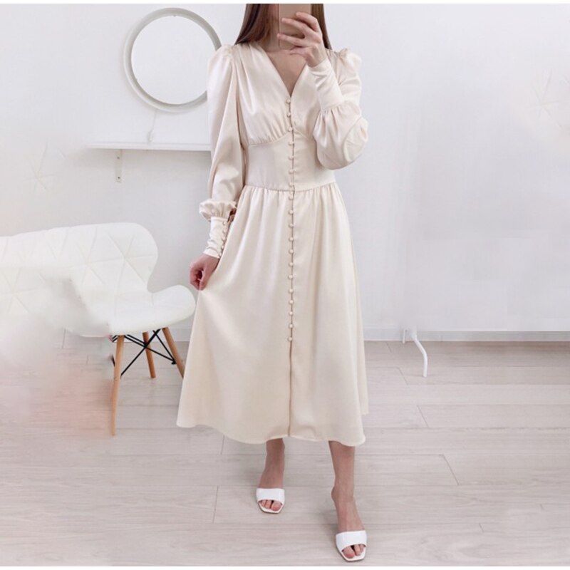 European Style Dresses Satin Long Dress Lantern Sleeve JKP4682