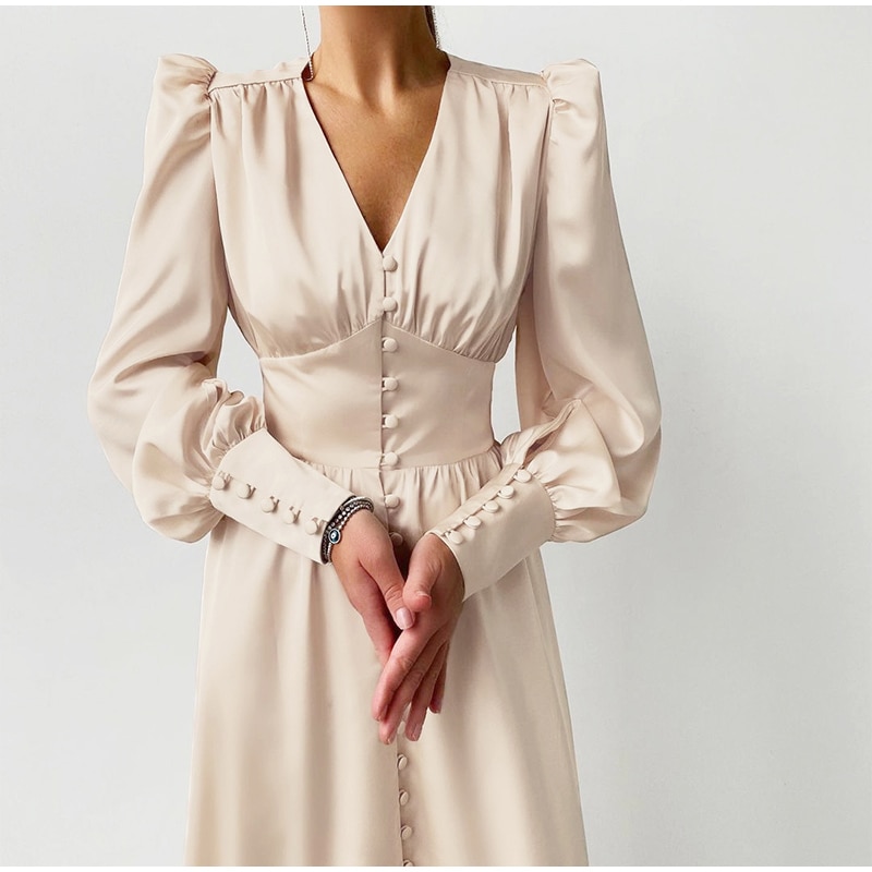 European Style Dresses Satin Long Dress Lantern Sleeve JKP4682