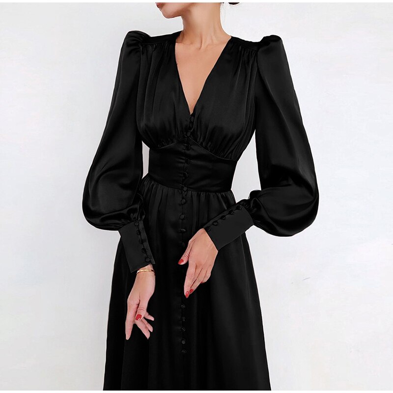 European Style Dresses Satin Long Dress Lantern Sleeve JKP4682