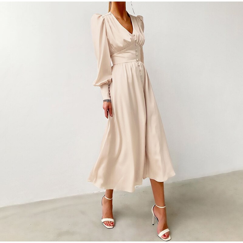 European Style Dresses Satin Long Dress Lantern Sleeve JKP4682 European Style Dresses Satin Long Dress Lantern Sleeve JKP4682