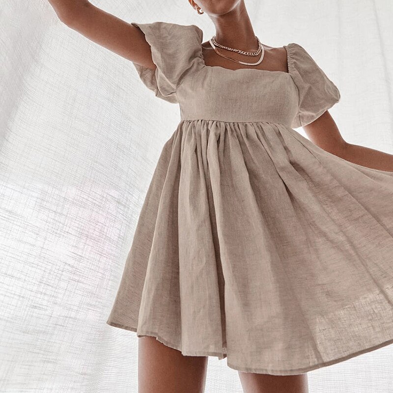 JUKPOP 1990 Sweet Mini Dress Puff Sleeve Solid High Waist JKP4688