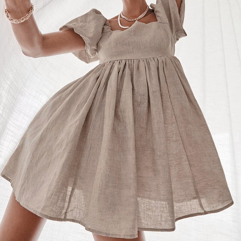 JUKPOP 1990 Sweet Mini Dress Puff Sleeve Solid High Waist JKP4688