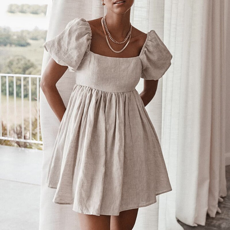 JUKPOP 1990 Sweet Mini Dress Puff Sleeve Solid High Waist JKP4688