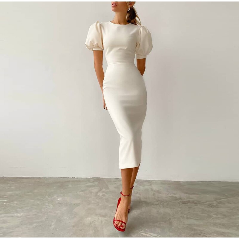 Simple Elegant Party Dress High Waist Puff Sleeve JKP4692