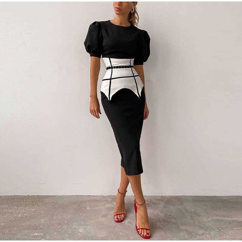 Simple Elegant Party Dress High Waist Puff Sleeve JKP4692