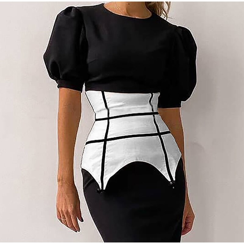 Simple Elegant Party Dress High Waist Puff Sleeve JKP4692
