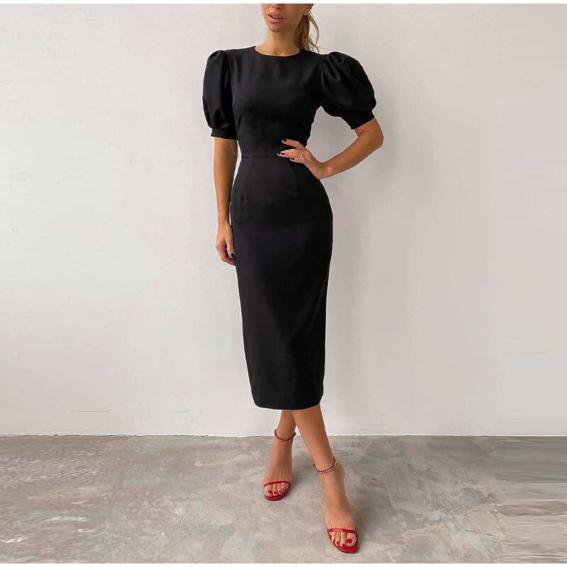 Simple Elegant Party Dress High Waist Puff Sleeve JKP4692