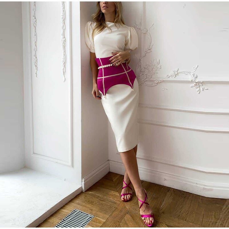 Simple Elegant Party Dress High Waist Puff Sleeve JKP4692