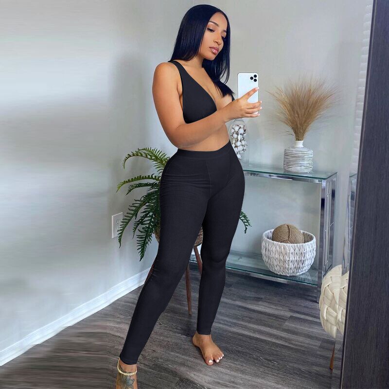 2021 Skims Outfit Sleeveless V-Neck Crop Tops And Leggings Set JKP4693