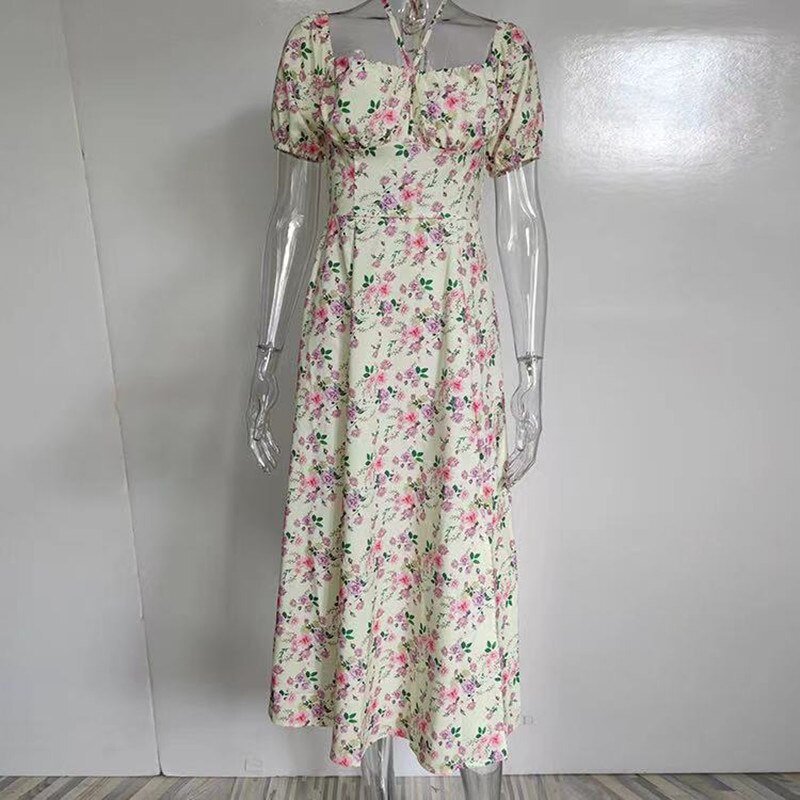 Summer Dress Women Short Puff Sleeve Flroal Printed Ruched Party High Split Long Maxi Dresses Drawstring Sexy Vestidos Sundress Summer Dress Women Short Puff Sleeve Flroal Printed Ruched Party High Split Long Maxi Dresses Drawstring Sexy Vestidos Sundress