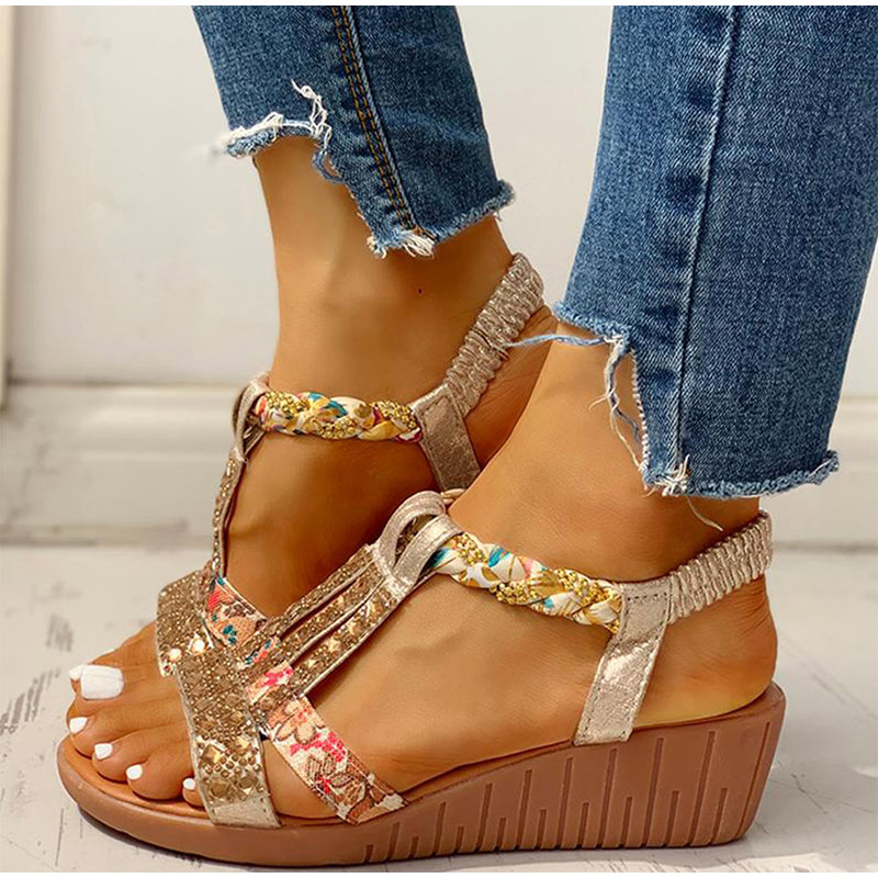 Summer Bohemia Sandals Crystal Wedges Rome Gladiator Heels JKP4697 