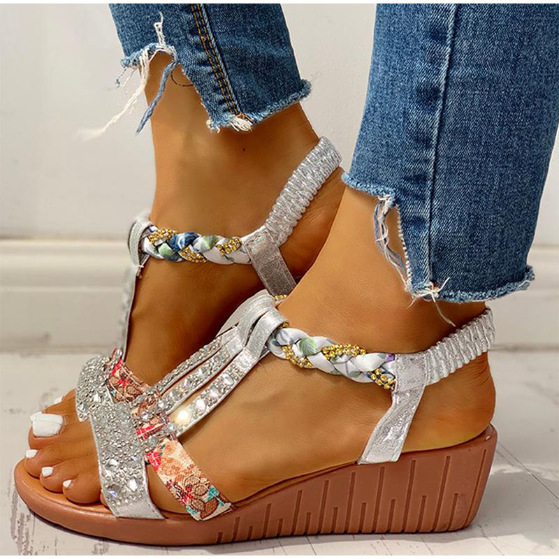 Summer Bohemia Sandals Crystal Wedges Rome Gladiator Heels JKP4697 