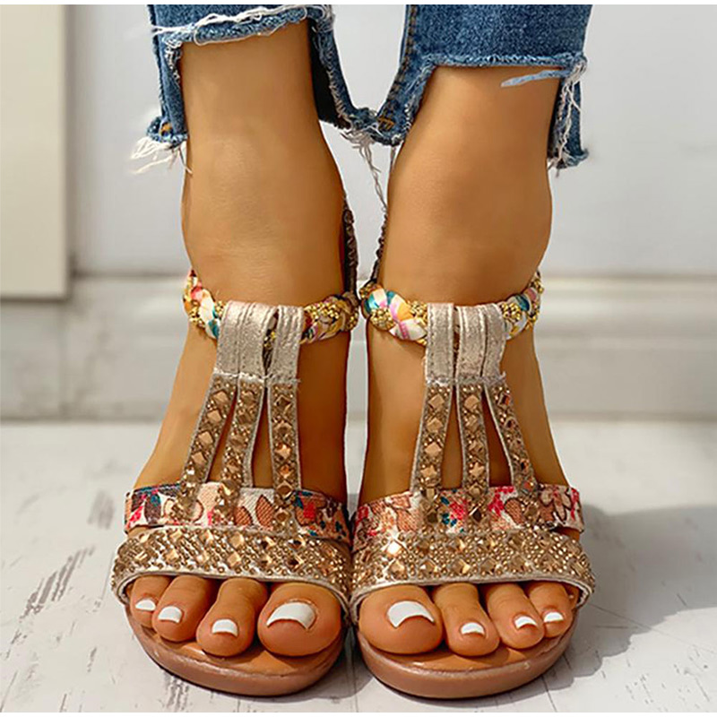 Summer Bohemia Sandals Crystal Wedges Rome Gladiator Heels JKP4697 