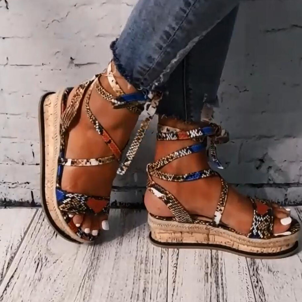 New Summer Women Snake Sandals Platform Heels Cross Strap Ankle Lace Peep Toe Beach Party Ladies Shoes Zapatos Sandals
