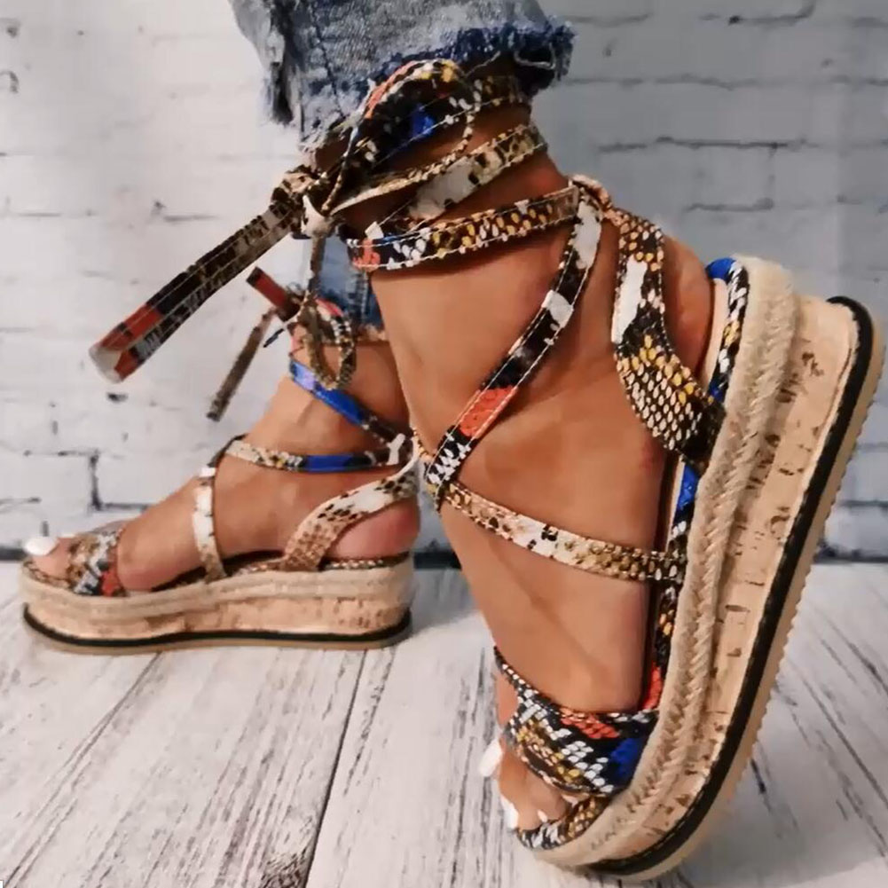FREE SHIPPING Women Snake Skin Sandals Platform Heels Lace Up JKP46704