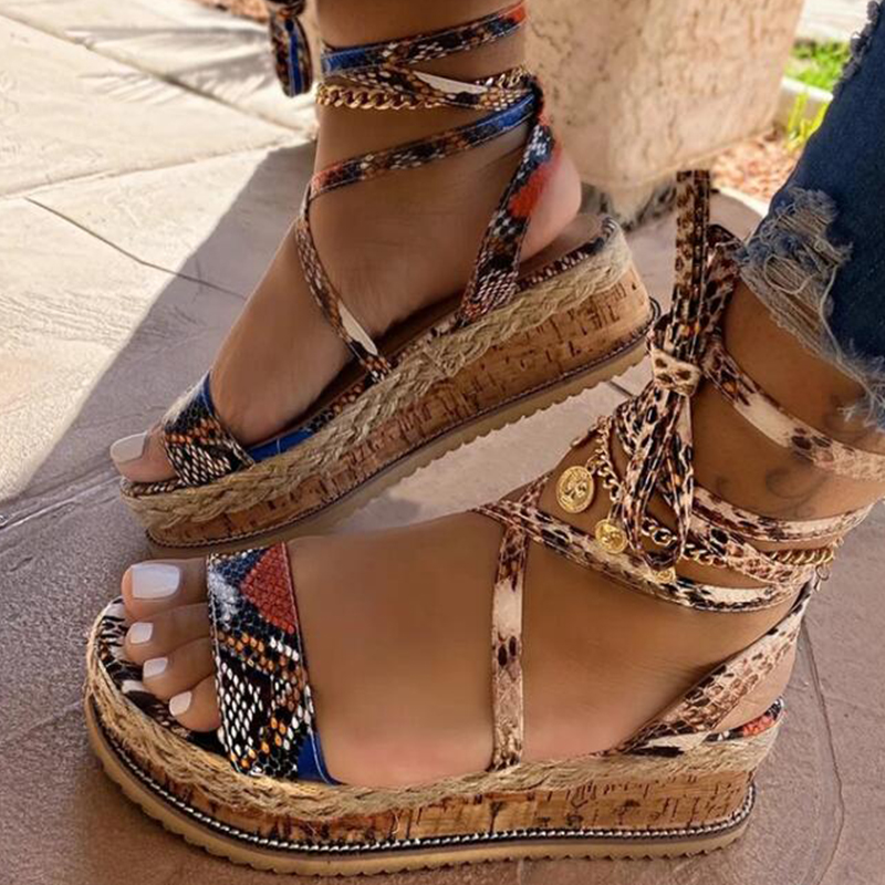FREE SHIPPING Women Snake Skin Sandals Platform Heels Lace Up JKP46704
