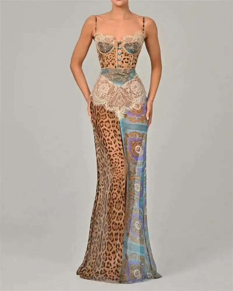 FREE SHIPPING Lace And Leopard Print Maxi Dress Sexy Sheer Mixed Pattern Gown JKP7311 Woman wearing a sheer leopard and lace patchwork maxi dress with a fitted bodice and mixed patterns – elegant, sexy evening gown