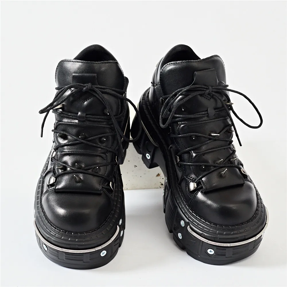 Punk Women Lace-Up Ankle Botas Mujer 2025 Rivet Metal Decoration Round Toe Thick Bottom Boots Woman Nightclub Rock Platform Shoe Punk Women Lace-Up Ankle Botas Mujer 2025 Rivet Metal Decoration Round Toe Thick Bottom Boots Woman Nightclub Rock Platform Shoe