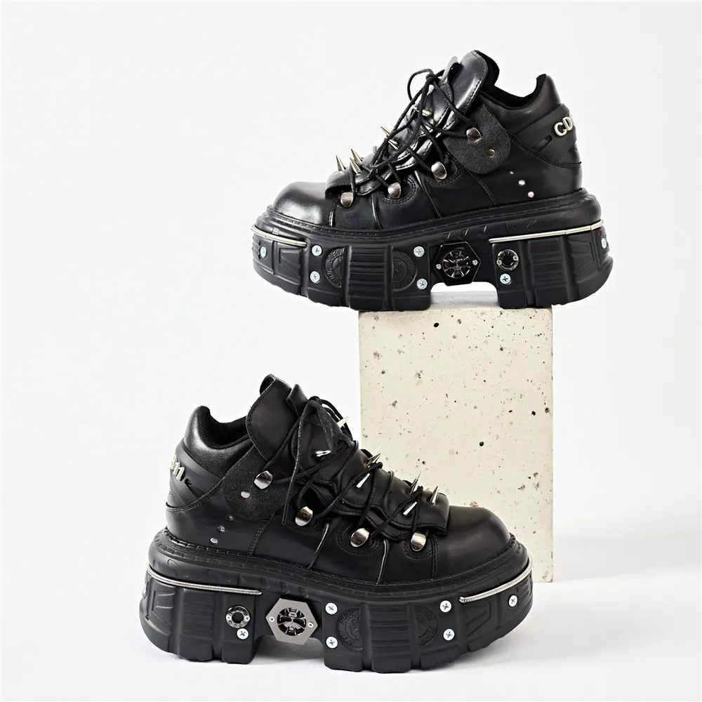 Punk Women Lace-Up Ankle Botas Mujer 2025 Rivet Metal Decoration Round Toe Thick Bottom Boots Woman Nightclub Rock Platform Shoe Punk Women Lace-Up Ankle Botas Mujer 2025 Rivet Metal Decoration Round Toe Thick Bottom Boots Woman Nightclub Rock Platform Shoe
