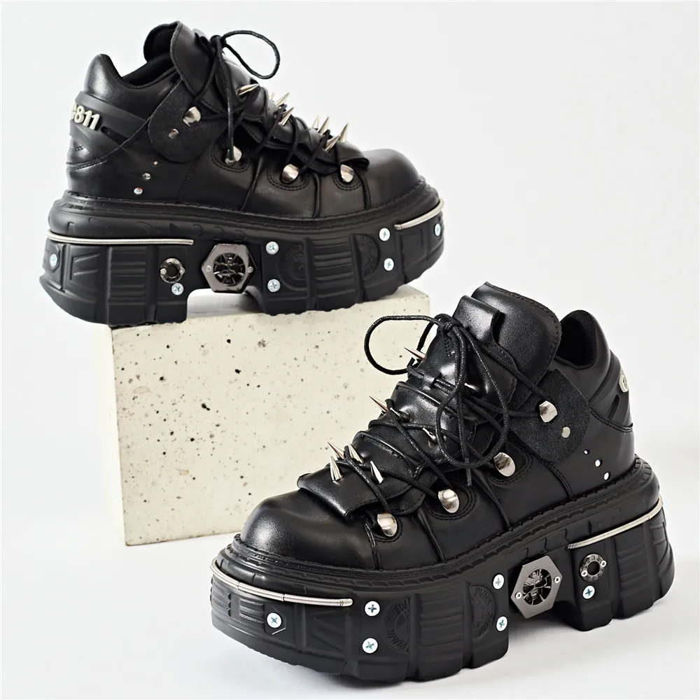 Punk Women Lace-Up Ankle Botas Mujer 2025 Rivet Metal Decoration Round Toe Thick Bottom Boots Woman Nightclub Rock Platform Shoe Punk Women Lace-Up Ankle Botas Mujer 2025 Rivet Metal Decoration Round Toe Thick Bottom Boots Woman Nightclub Rock Platform Shoe