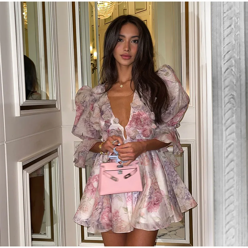 Women Chic Dress Chiffon Elegant Pink Floral Printed Full Sleeve Off Shoulder JKP7317 Women Chic Dress Chiffon Elegant Pink Floral Printed Full Sleeve Off Shoulder JKP7317