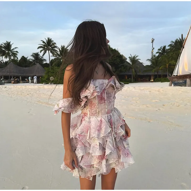 Women Chic Dress Chiffon Elegant Pink Floral Printed Full Sleeve Off Shoulder JKP7317 Women Chic Dress Chiffon Elegant Pink Floral Printed Full Sleeve Off Shoulder JKP7317