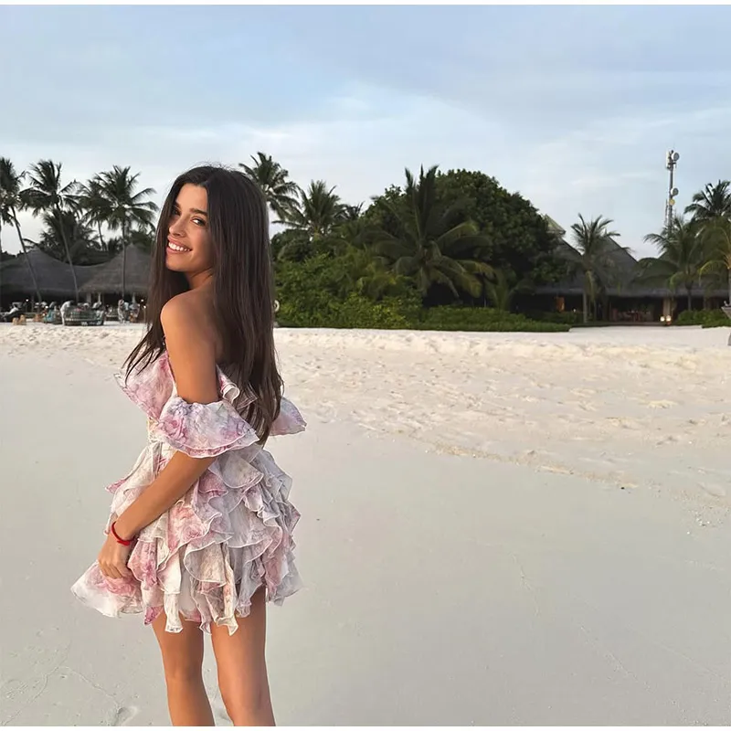 Women Chic Dress Chiffon Elegant Pink Floral Printed Full Sleeve Off Shoulder JKP7317 Women Chic Dress Chiffon Elegant Pink Floral Printed Full Sleeve Off Shoulder JKP7317