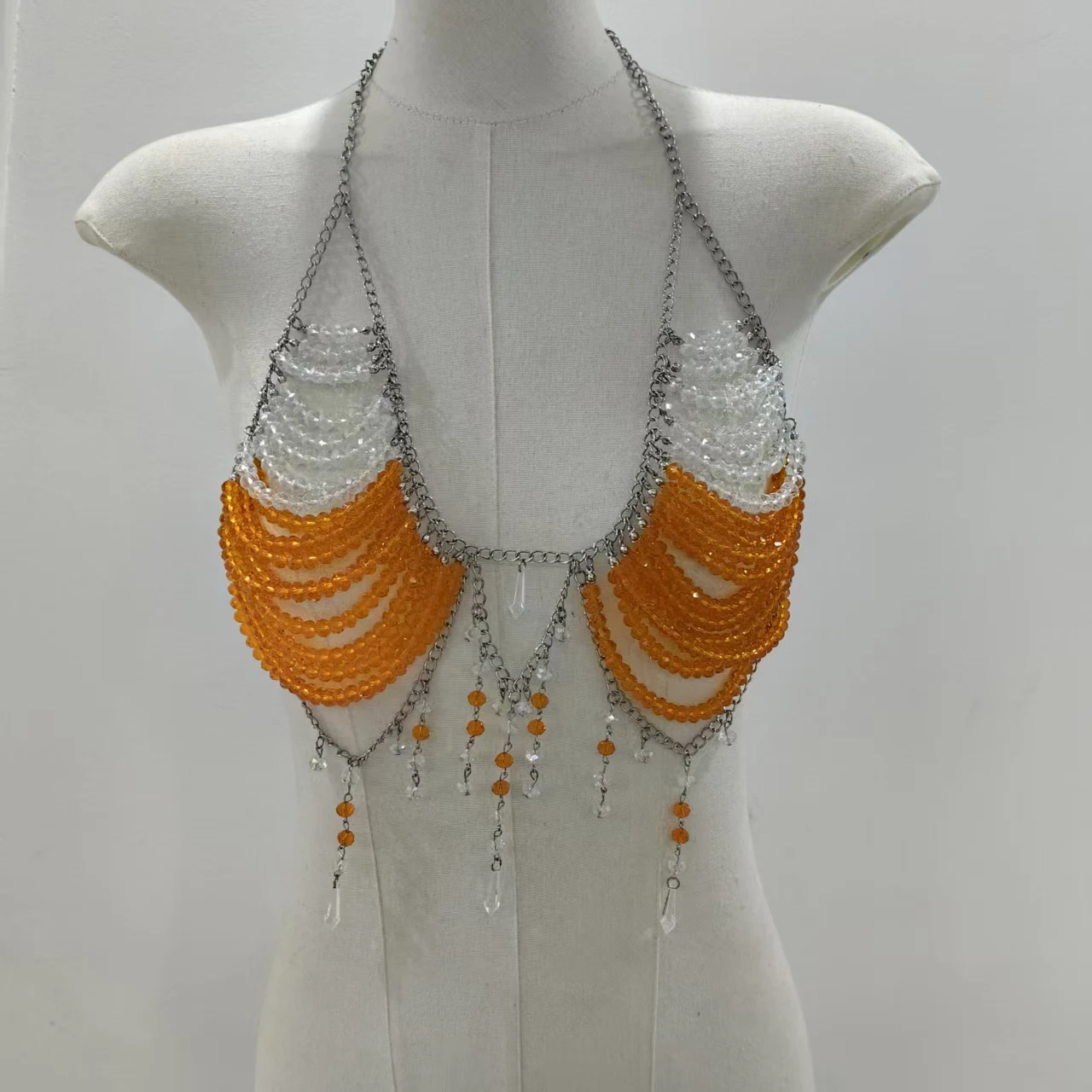 Crystal Beaded Chain Bra Top Festival Rave Body Jewelry Handmade orange and clear crystal beaded bra top with chain details – festival rave body jewelry for women