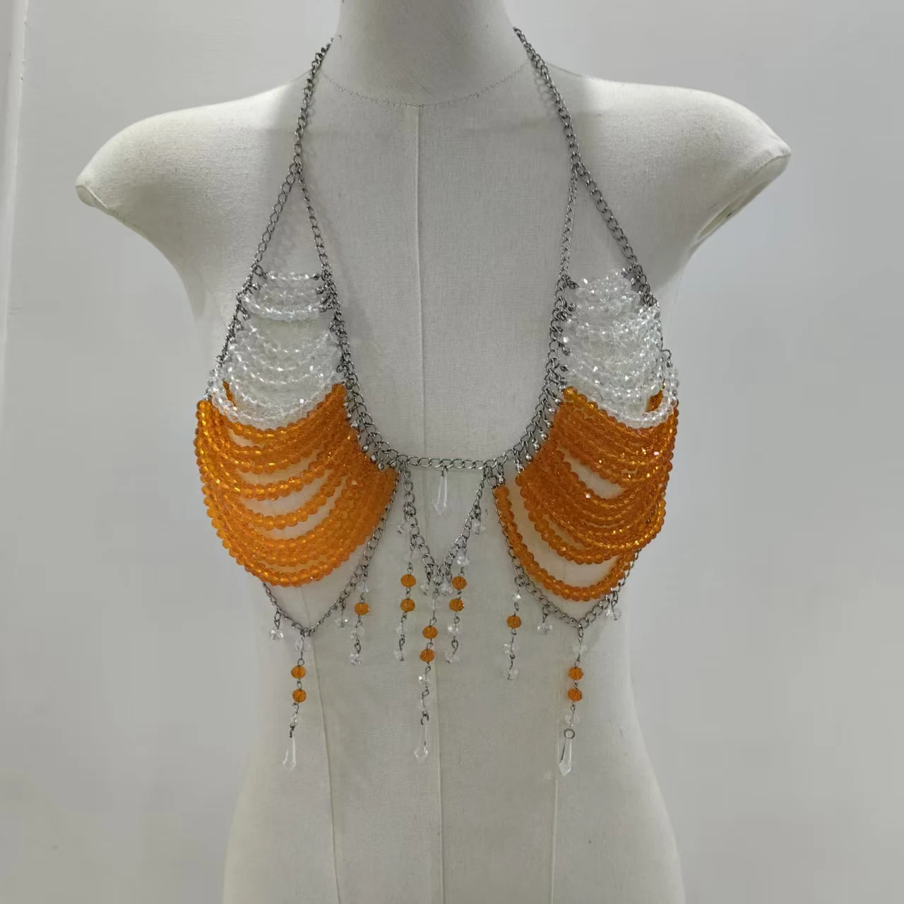 Crystal Beaded Chain Bra Top Festival Rave Body Jewelry Handmade orange and clear crystal beaded bra top with chain details – festival rave body jewelry for women