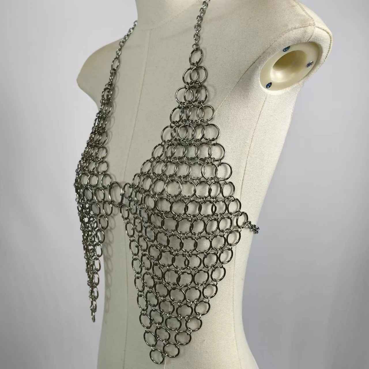 FREE SHIPPING Metal Chainmail Halter Bra Top Edgy Festival And Clubwear JKP7320 Chainmail-style halter bra top made of metal rings – bold silver statement festival and clubwear for women