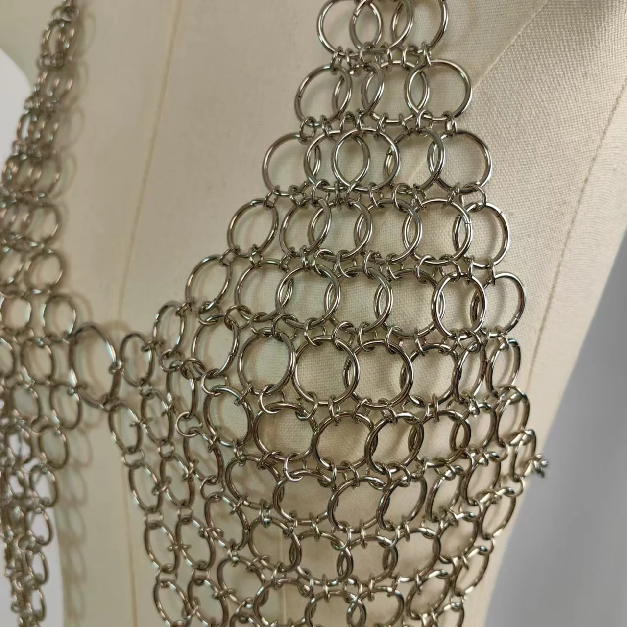 FREE SHIPPING Metal Chainmail Halter Bra Top Edgy Festival And Clubwear JKP7320 Chainmail-style halter bra top made of metal rings – bold silver statement festival and clubwear for women