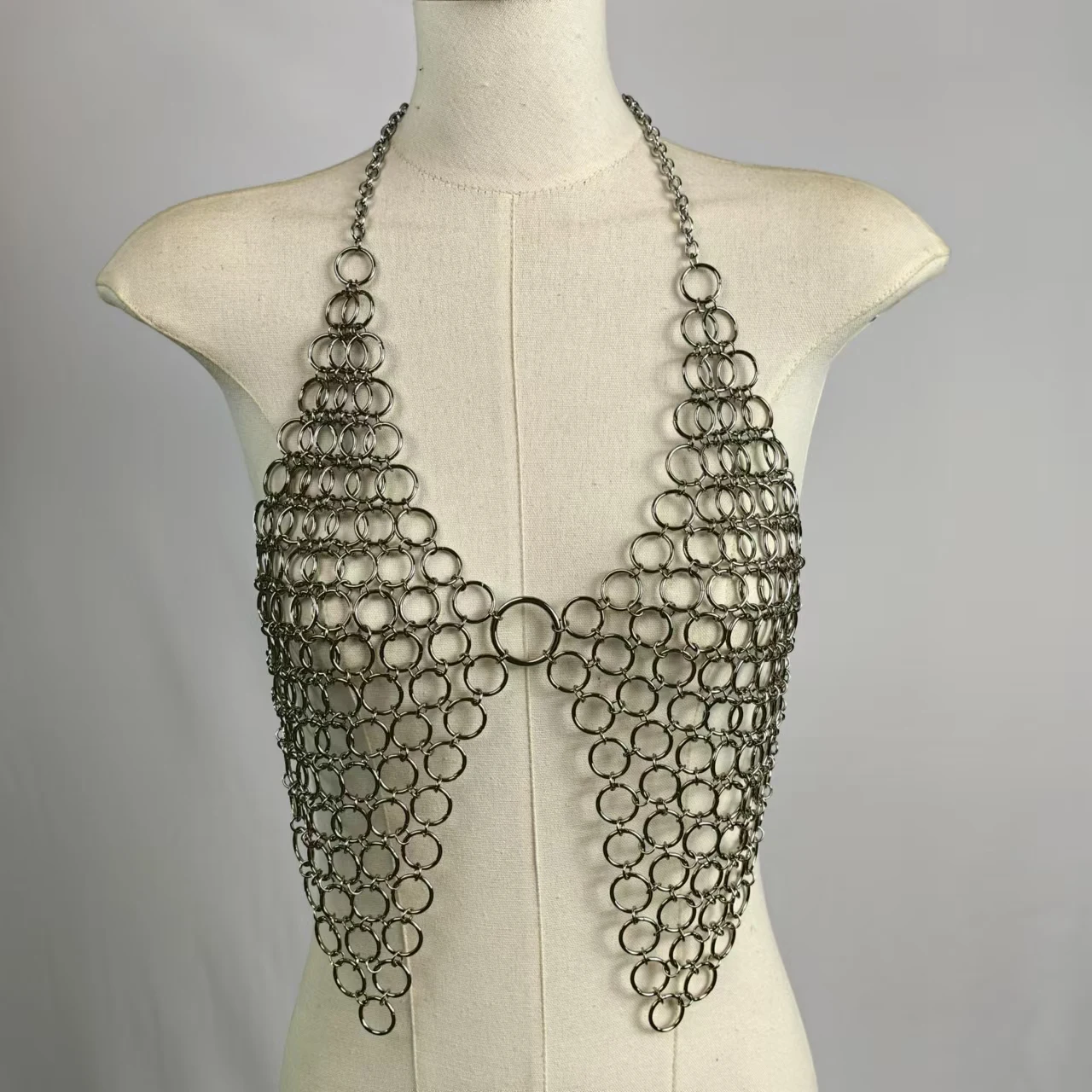 FREE SHIPPING Metal Chainmail Halter Bra Top Edgy Festival And Clubwear JKP7320 Chainmail-style halter bra top made of metal rings – bold silver statement festival and clubwear for women