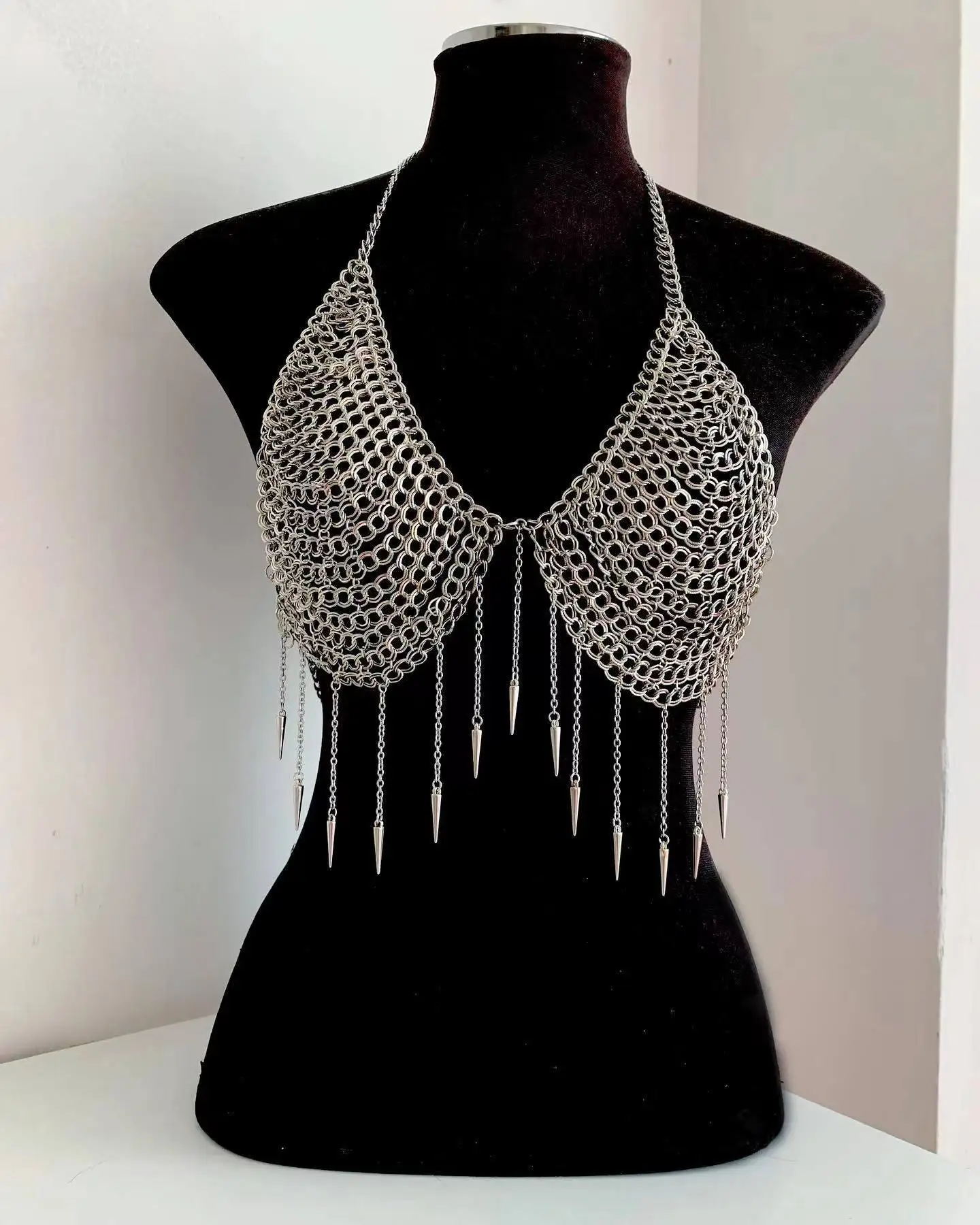 FREE SHIPPING Silver Chainmail Crop Top Festival Metal Bra with Spikes JKP7322 FREE SHIPPING Silver Chainmail Crop Top Festival Metal Bra with Spikes JKP7322