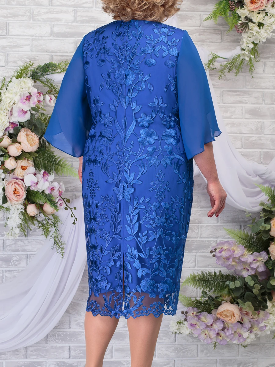 2025 Fall Women's Plus Size Party Dress Elegant Floral Embroidery Prom Dress for Wedding Guest Slim Bodycon Pencil Dresses Plus size woman wearing a royal blue floral embroidered lace dress with sheer sleeves, ideal for weddings or formal occasions.
