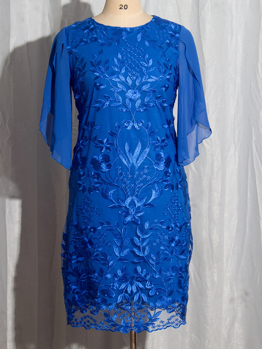 2025 Fall Women's Plus Size Party Dress Elegant Floral Embroidery Prom Dress for Wedding Guest Slim Bodycon Pencil Dresses Plus size woman wearing a royal blue floral embroidered lace dress with sheer sleeves, ideal for weddings or formal occasions.