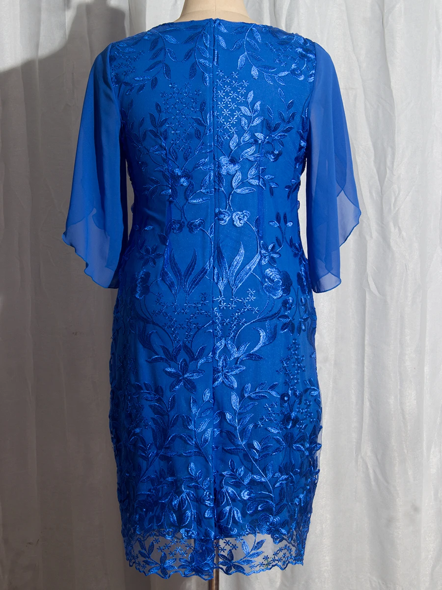 2025 Fall Women's Plus Size Party Dress Elegant Floral Embroidery Prom Dress for Wedding Guest Slim Bodycon Pencil Dresses Plus size woman wearing a royal blue floral embroidered lace dress with sheer sleeves, ideal for weddings or formal occasions.