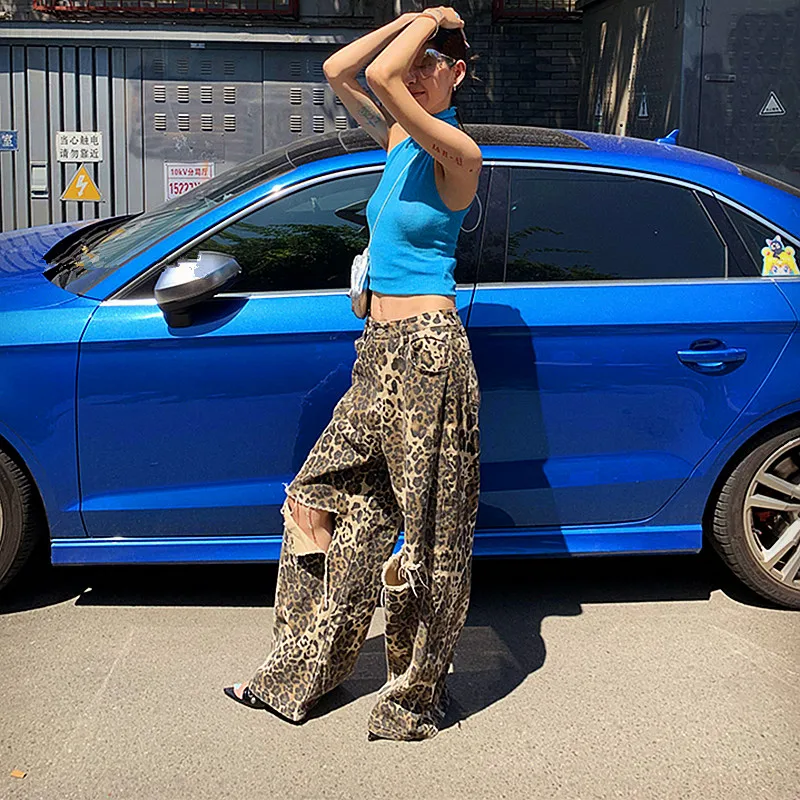 2023 Y2K Fashion New Rock Leopard Baggy Ripped Jeans Pants Clothes For Women Original Straight Loose Lady Wide Leg Long Trousers