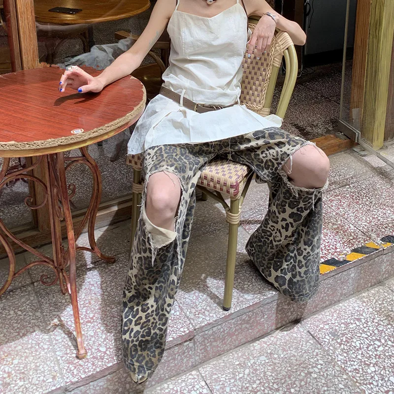 2023 Y2K Fashion New Rock Leopard Baggy Ripped Jeans Pants Clothes For Women Original Straight Loose Lady Wide Leg Long Trousers