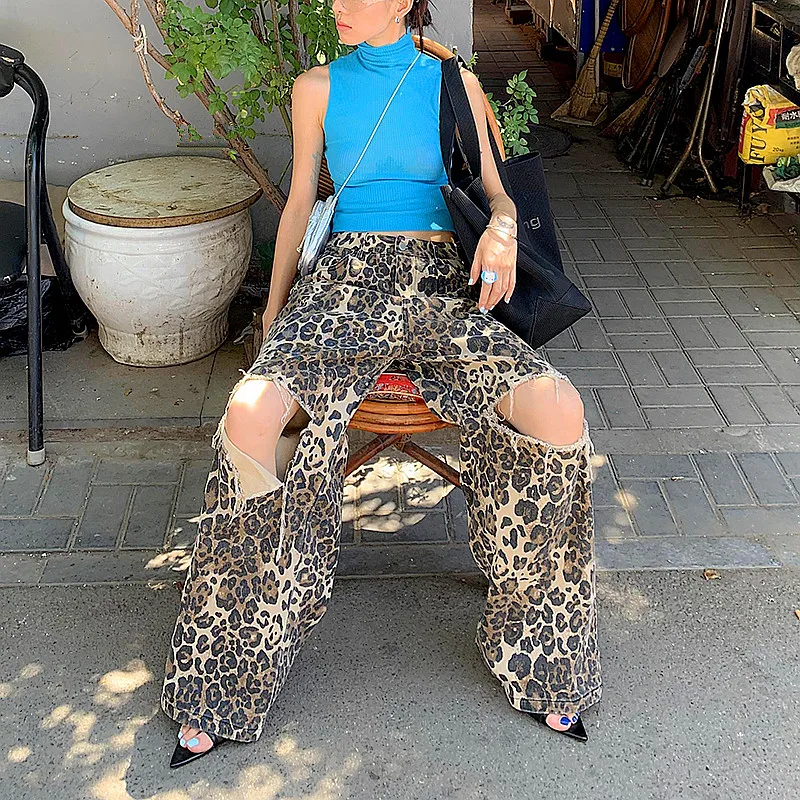 2023 Y2K Fashion New Rock Leopard Baggy Ripped Jeans Pants Clothes For Women Original Straight Loose Lady Wide Leg Long Trousers