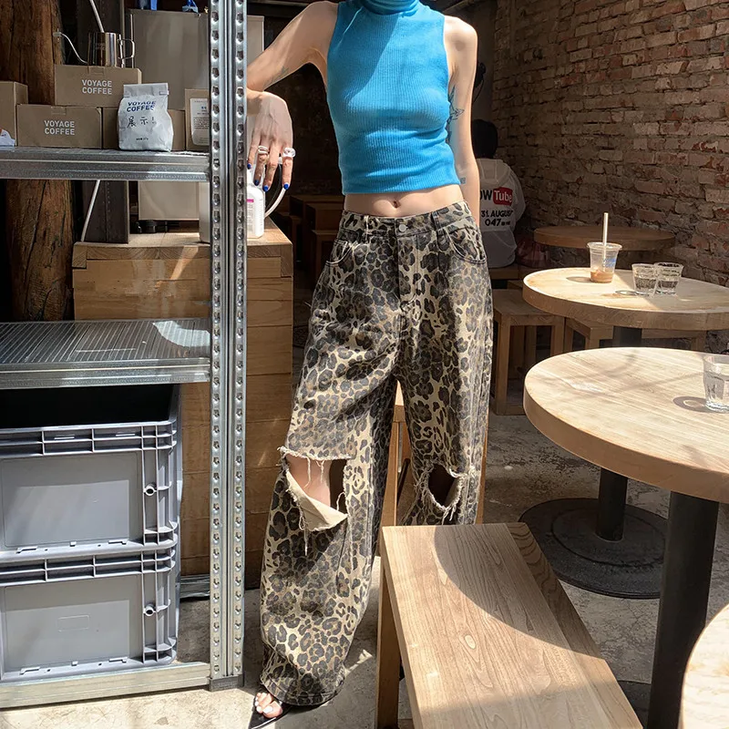 2023 Y2K Fashion New Rock Leopard Baggy Ripped Jeans Pants Clothes For Women Original Straight Loose Lady Wide Leg Long Trousers