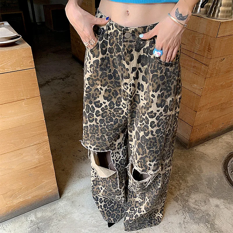 2023 Y2K Fashion New Rock Leopard Baggy Ripped Jeans Pants Clothes For Women Original Straight Loose Lady Wide Leg Long Trousers