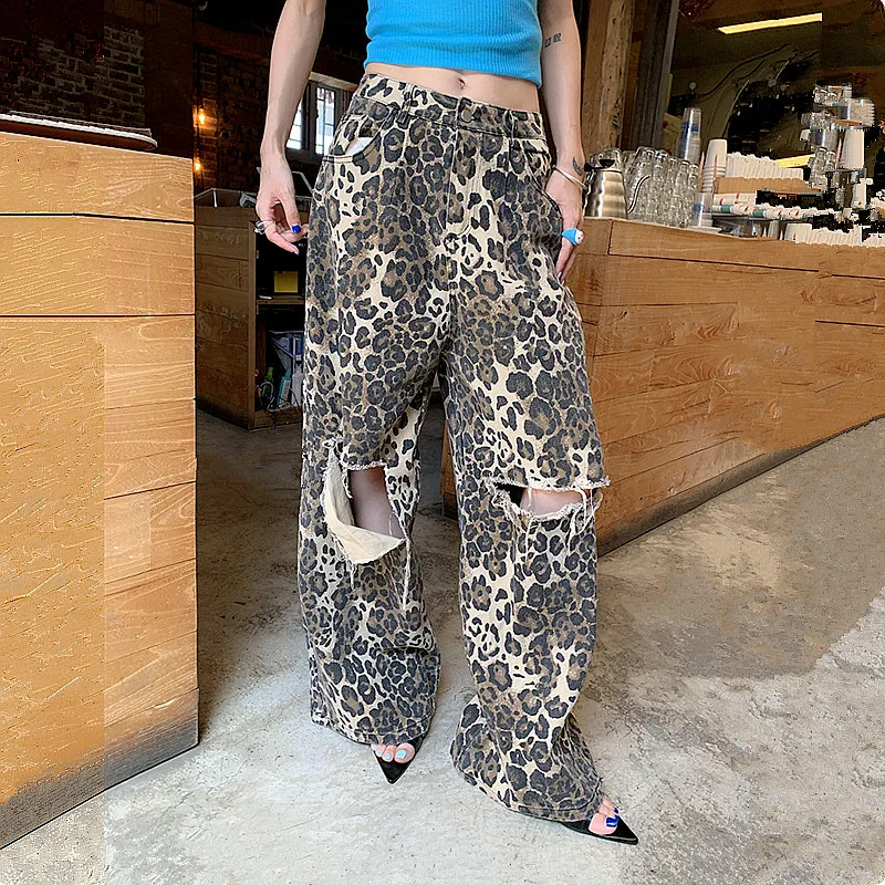 Nightout Summer Outfit Y2K Leopard Print Ripped Jeans  Wide Leg Streetwear Pants JKP7326